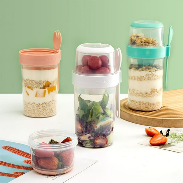 Xihbxyly Vaso Portátil para Comida Ligera, Diseño de Plástico de Doble Capa, Cuchara y Recipiente para Mojar Integrados, Ideal para Oficinistas y Personas con Estilo de Vida Activo, 310 Ml + 760 Ml,