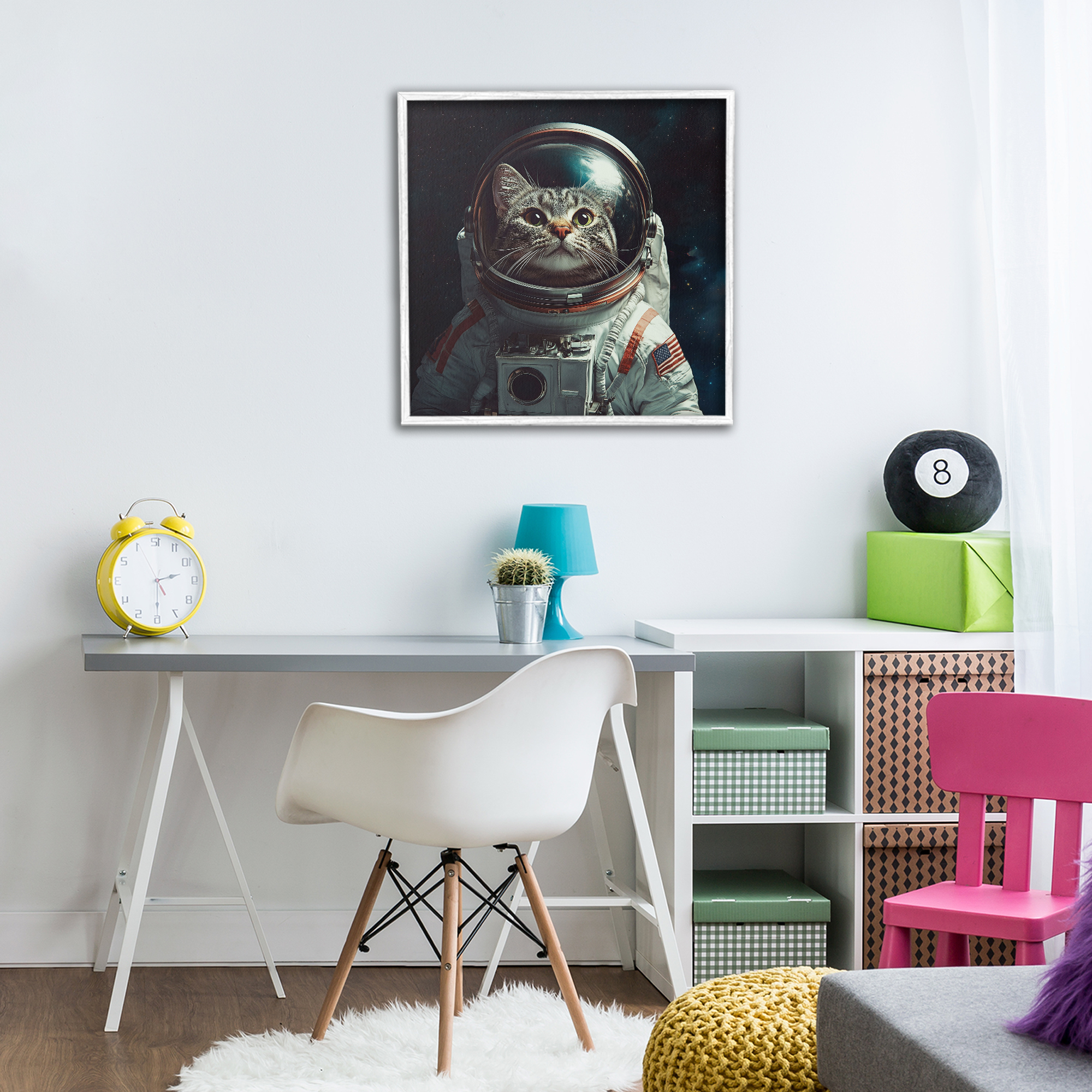 Catstronaut Cat Astronaut White Framed Giclee Art, design by Jim Baldwin