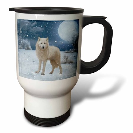 3drose, Beautiful Arctic Wolf in a Winter Landscape, 14oz Stainless Steel Travel Mug