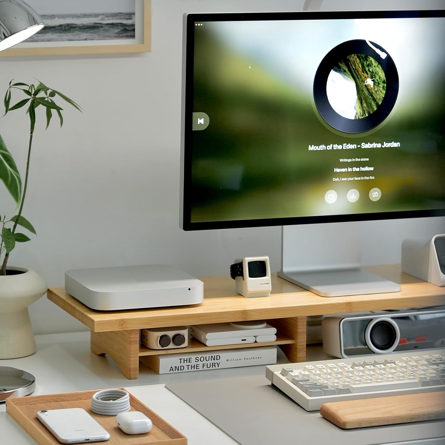 Dual Monitor Stand Riser, 2-Tier Bamboo Desk Shelf for Computer Monitors, Printer, and Heavy TV up to 300 lbs