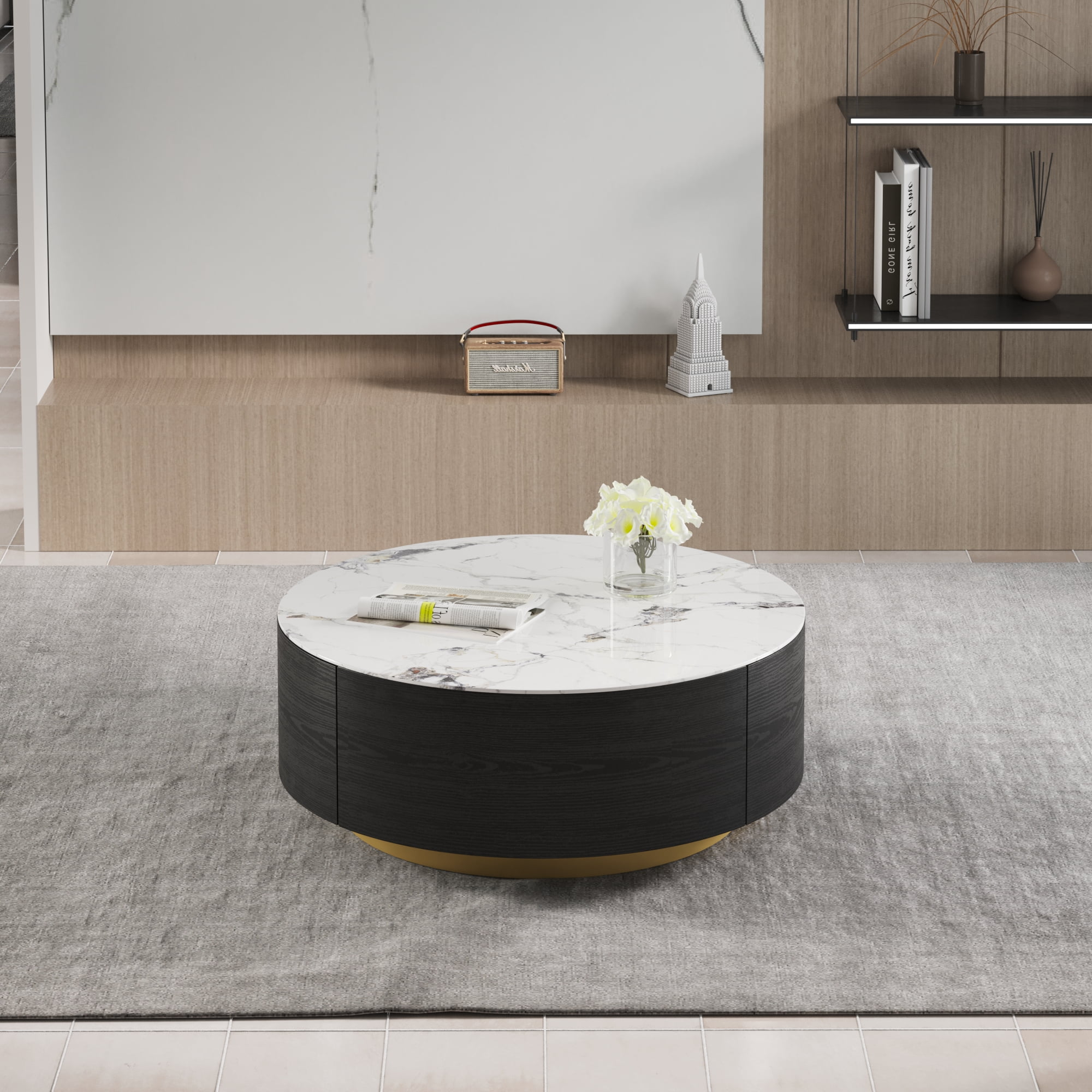 Magic Home Modern Round Coffee Table with Two Drawers,Circle Coffee Table Space-Saving Multiple Purpose for Living Room,dining room and home office,Black White 2 Colors