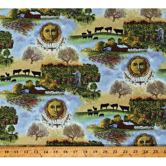 Cotton Farmers Country Fields Cows Old Farmer's Almanac Celestial Scenic Allover Cotton Fabric Print by the Yard (10332)