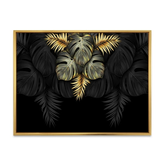 Designart 'Gold and Black Tropical Leaves IV' Modern Framed Canvas Wall Art Print