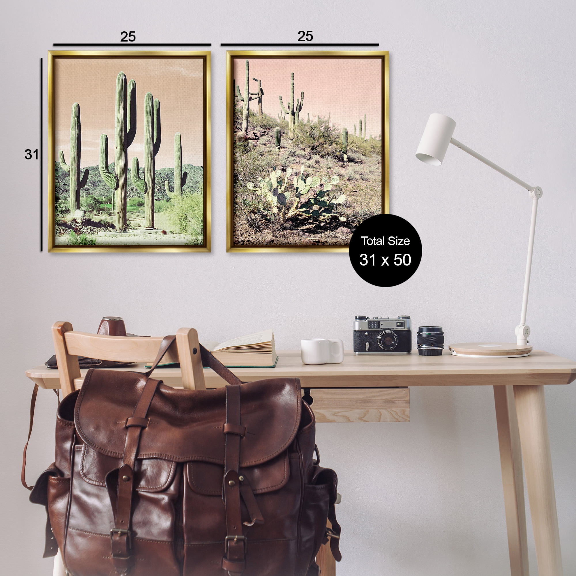 Stupell Industries Saguaro Cactus Desertscape Landscape & Nature Photography Gold Floater Framed Canvas Art Print Wall Art, 31 x 25, Set of 2