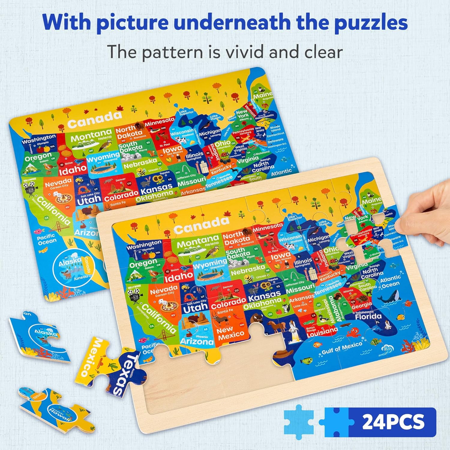 SYNARRY 4-in-1 Wooden Puzzle Set for Kids Age 3-8, Large USA Map, World Map, Earth & Solar System, 24pcs Each, FSC Certified Jigsaw Puzzles
