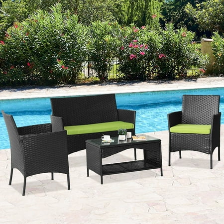 Wicker Patio Sets on Clearance 4 Piece Outdoor Conversation Set With Glass Dining Table Loveseat & Cushioned Wicker Chairs Modern Rattan Patio Furniture Sets for Yard Porch Garden Pool L3122