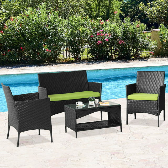 Wicker Patio Sets on Clearance, 4 Piece Outdoor Conversation Set for 3 With Glass Dining Table, Loveseat & Cushioned Wicker Chairs, Modern Rattan Patio Furniture Sets L3122