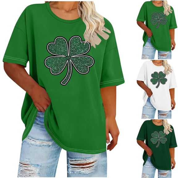 Yxbdin Sequin St Patricks Day T Shirts for Women Plus Size Shamrock Graphic Tee Short Sleeve Holiday Shirt Irish Crew Neck Tops Army Green XXL