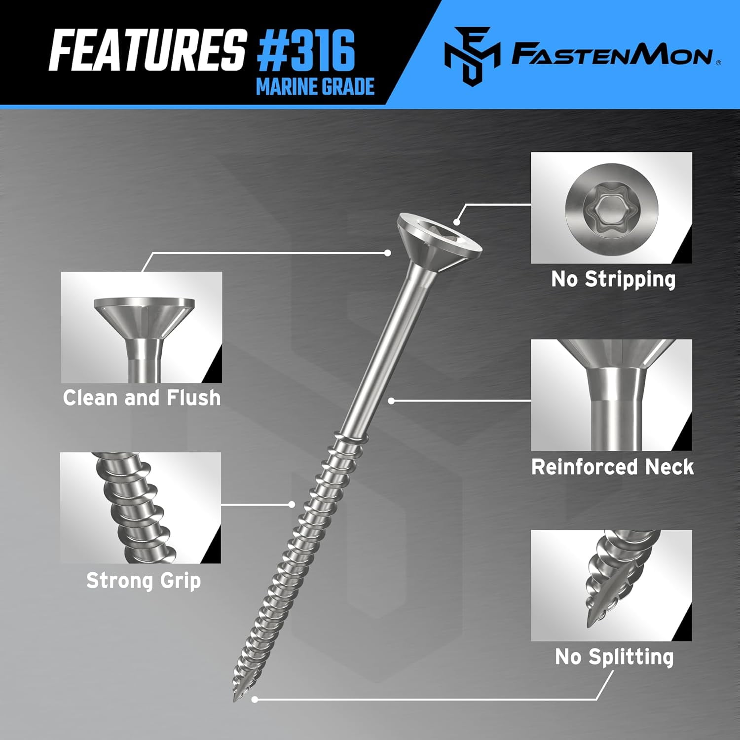 FM FASTENMON #10 x 2-1/2 inch 316 Stainless Steel Deck Screws, T25 Star Drive, 100 pack