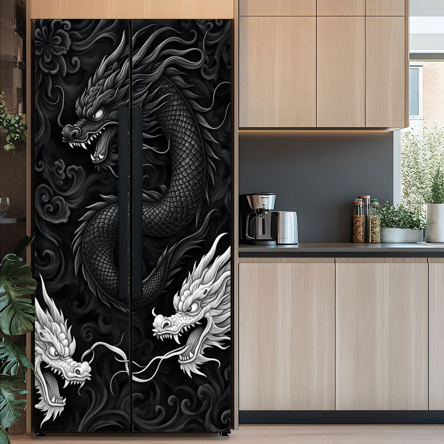 Self Adhesive Vinyl Refrigerator Wrap Set Intricate Black White Dragon Patterns Floral Details Door Mural Removable Fridge Sticker Peel and Stick&nbsp;Full Door Cover Decal Kitchen Bar Decor