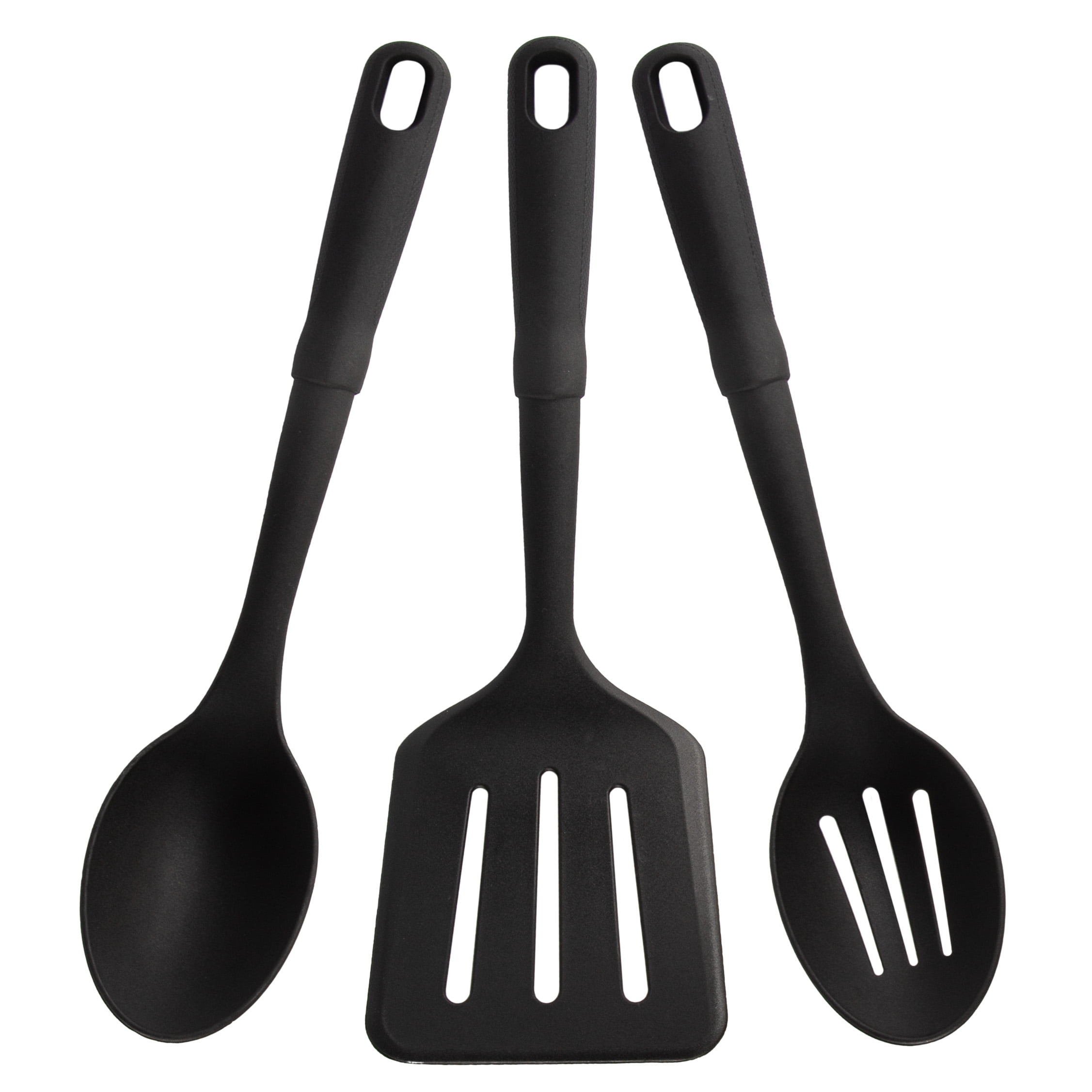 Mainstays 3-Piece Kitchen Utensil Set, Slotted Spatula, Slotted Spoon,  Solid Spoon, Black, Nylon - Walmart.com, image size:2253x2253