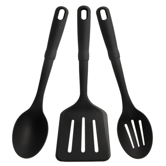 Mainstays 3-Piece Kitchen Utensil Set, Slotted Spatula, Slotted Spoon and Solid Spoon, Black, Nylon