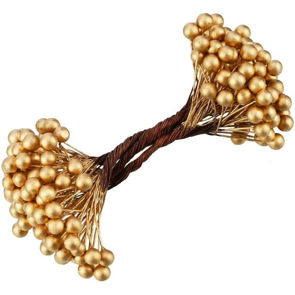 NOGIS 500 Pieces Artificial Holly Berries Christmas Fake Berries on 250 Pieces Wire Stems for Christmas Tree Decorations Craft Flower Wreath DIY Supplies (Gold)