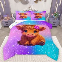 jejeloiu Cute Highland Cow Queen Comforter Set,Rustic Farmhouse Cattle Bedding Sets,Gradient Purple Pink Blue Bedding Comforter Set For Girls,Luxury Bedroom Decor Reversible,3pcs