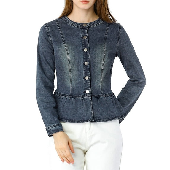 Allegra K Women's Round Neck Collarless Button Down Peplum Crop Length Denim Jacket