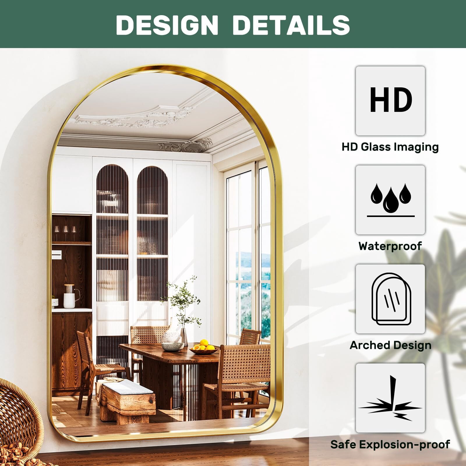AnyRose 26"x38" Arched Bathroom Mirror Modern Vanity Mirror with Deep Frame – Wall-Mounted Mirror for Bathroom Bedroom,Gold