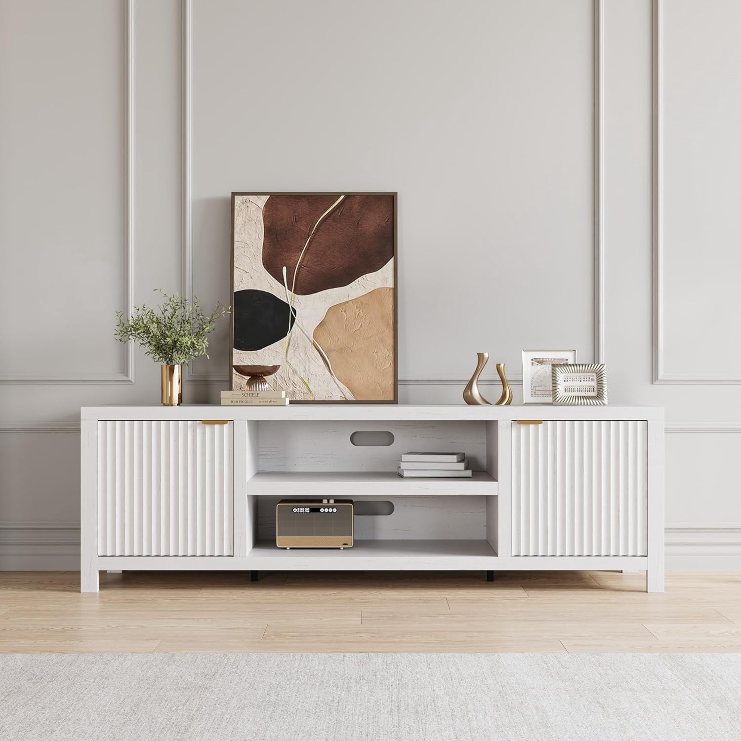 Garvee Fluted TV Stand for 80 Inch TV, Modern Entertainment Center with Storage, Media Console with Gold Handles & Fluted Doors, White