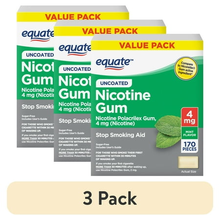 (3 pack) Equate Nicotine Gum 4 mg, Stop Smoking Aid, Mint Flavor, Uncoated, 170 Count