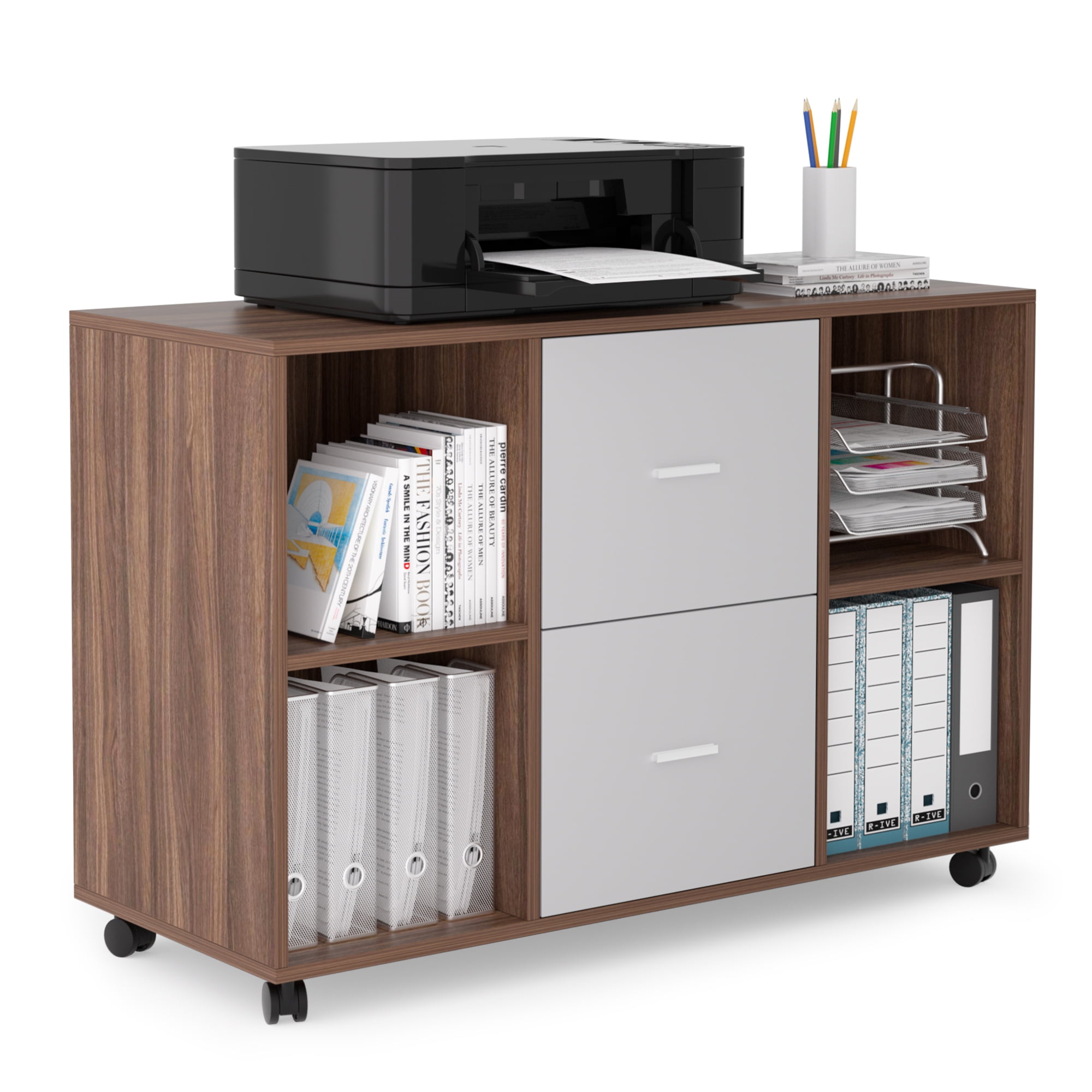 Resenkos File Cabinet 2 Drawers Wooden Lateral Filling Cabinet with Lock Mobile for Home Office Printer Stand with 4 Open Storage Shelves,Walnut-light gray