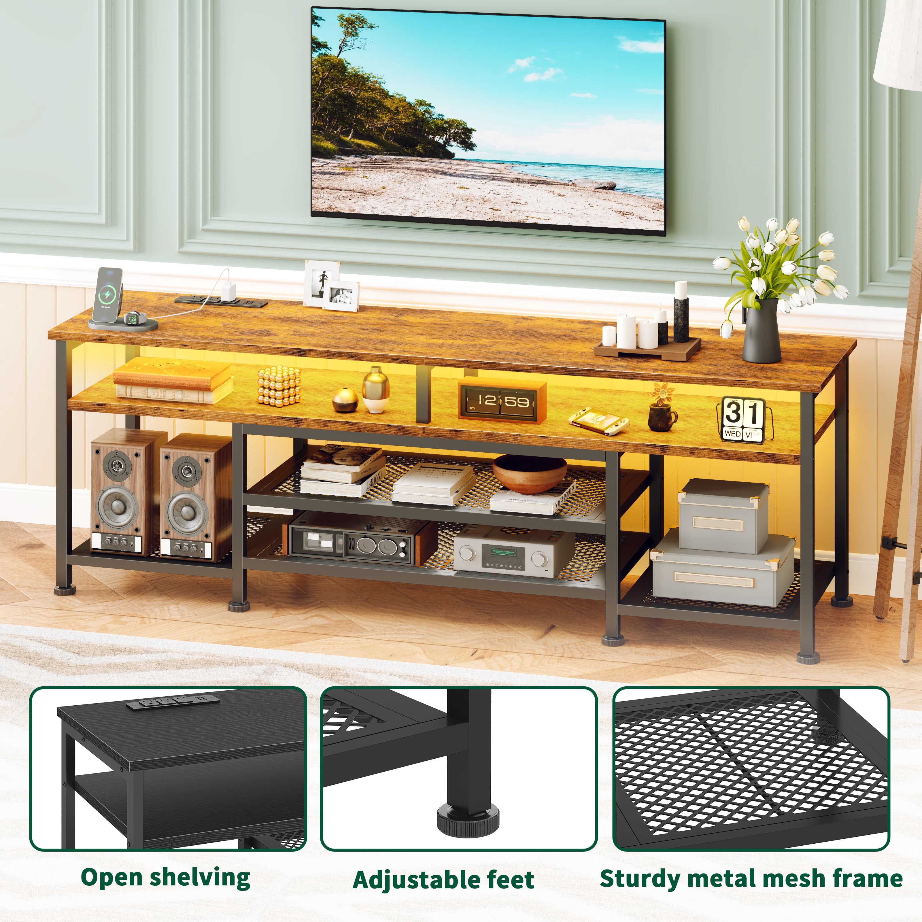 Tydimor Modern TV Stand for 75-80 inch TV, Media Console with Storage for Living Room, LED Entertainment Center with Outlets, Rustic Brown
