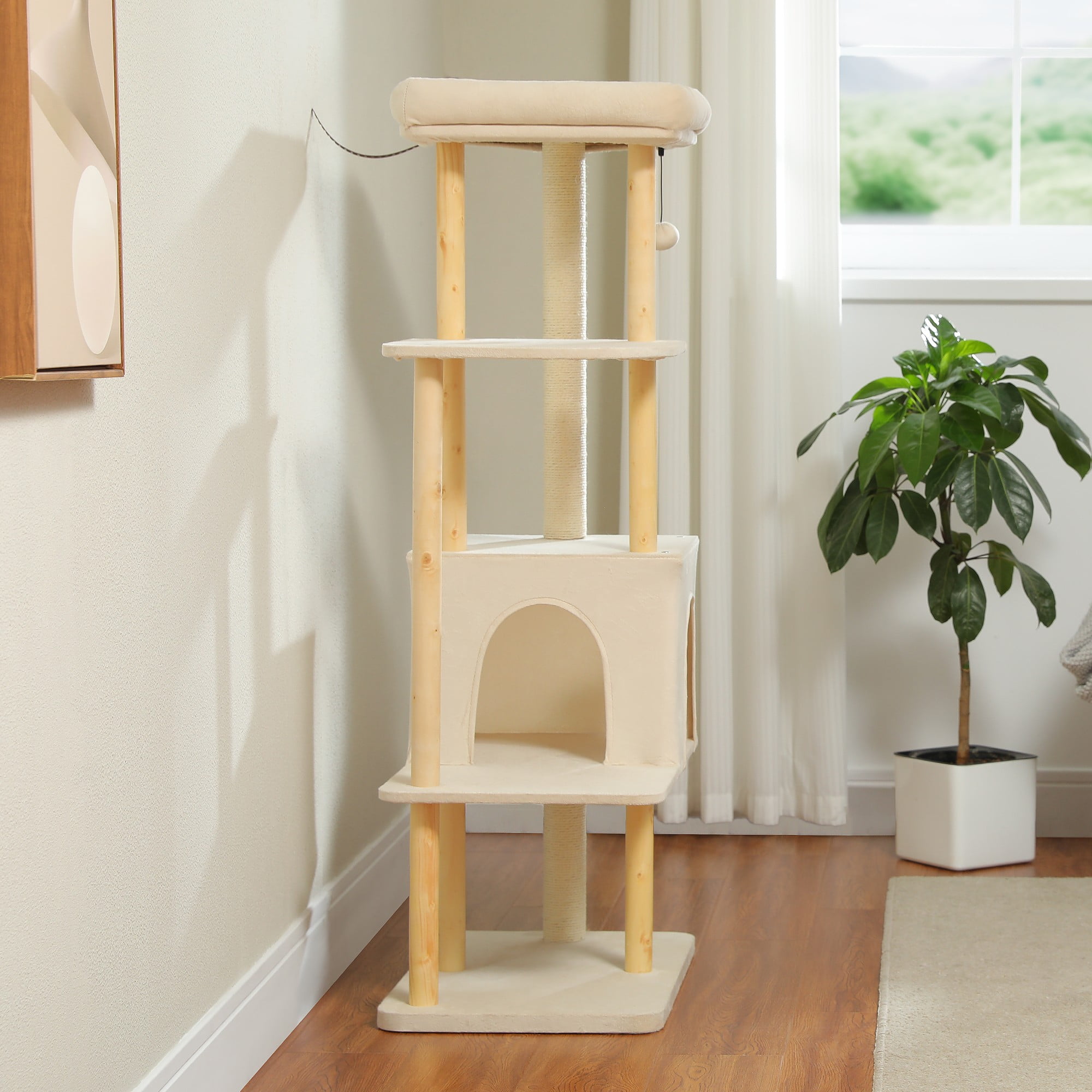 Kadyn 53" Cat Tree for Indoor Cats, Multi-Level Cat Climbing Tower with Sisal Scratching Posts and Top Perch, Beige