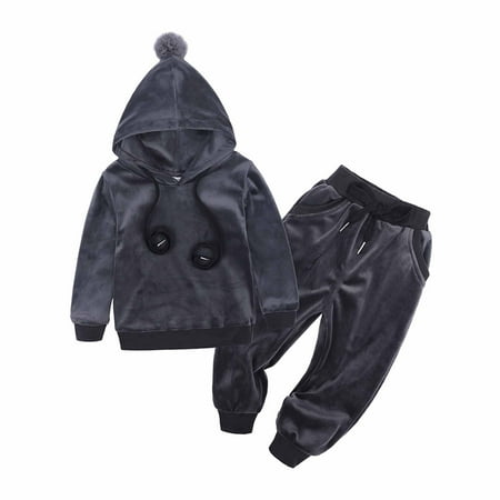 

YYDGH Kids Baby Boys Girls Solid 2 Piece Sweatsuit Tracksuits Velvet Clothes Set Outfit Pullover Drawstring Hoodie Sweatpant(Gray 6-12 Months)