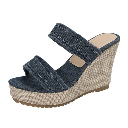 

Women s Fashion Open Toe Thick Bottom Slope Heel Denim Sandals Slippers Casual Comfortable Out Beach Slippers