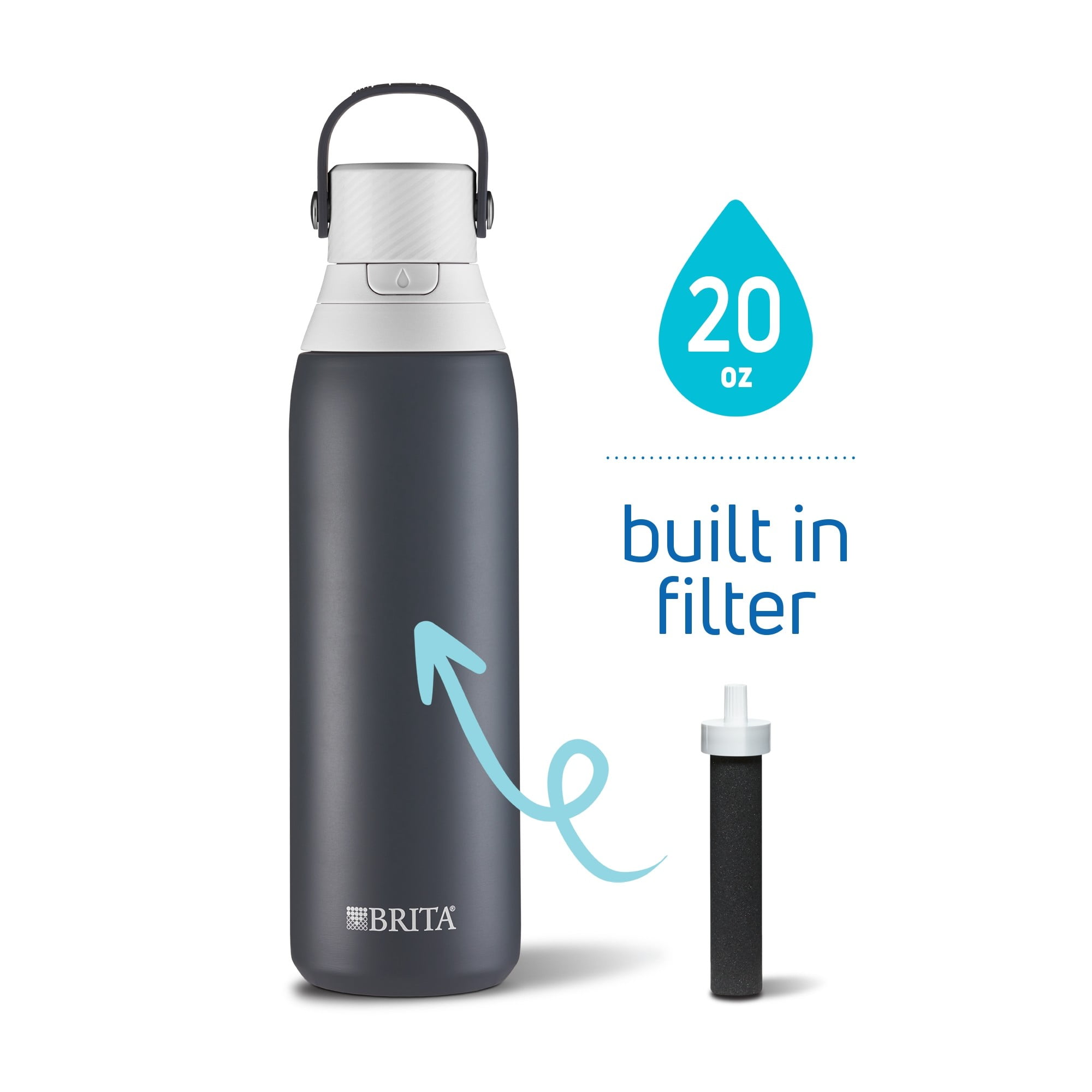 Brita Double Wall Insulated Stainless Steel Water Bottle, 20 oz Carbon