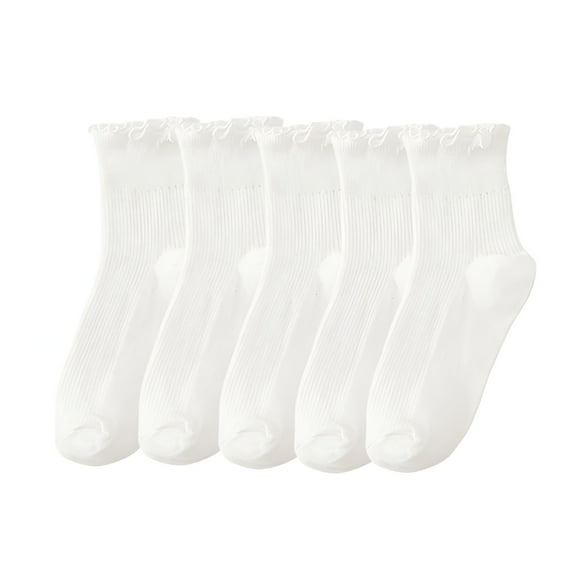 TELOLY 5 Pairs Womens Socks, Ruffle Casual Ankle Socks Breathable Cotton Crew Frilly Sock-White