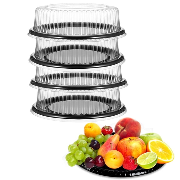 Plastic Serving Platters with Lid 4 Pcs Tutuviw 12 Inch Disposable Heavy Duty Party Tray Round Catering Tray Containers Serving Tray for Food Salad Sandwich Takeout Picnic Supplies (Black)