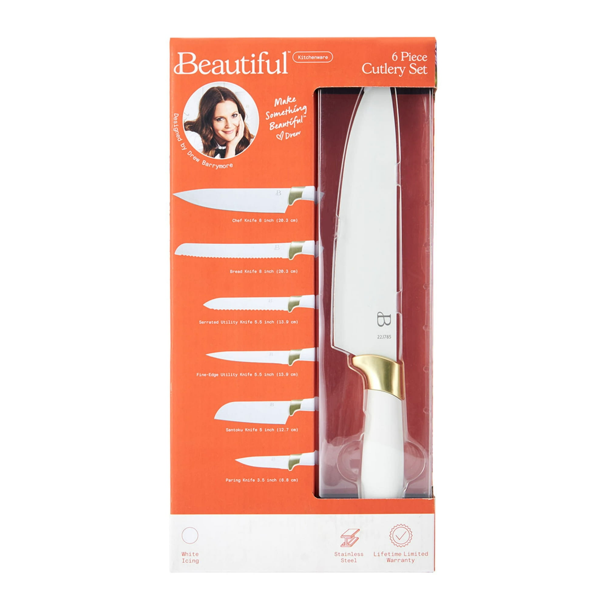 Beautiful 6 Piece Stainless Steel Knife Set White Icing with Gold Accent By Drew Barrymore