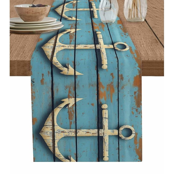 Table Runner Dresser Scarf 14 x 72 Inch Nautical Anchor Vintage Style Wood Grain Table Runners Non-Slip Heat Kitchen Dining Table Decor for Indoor Outdoor Home Party Decoration