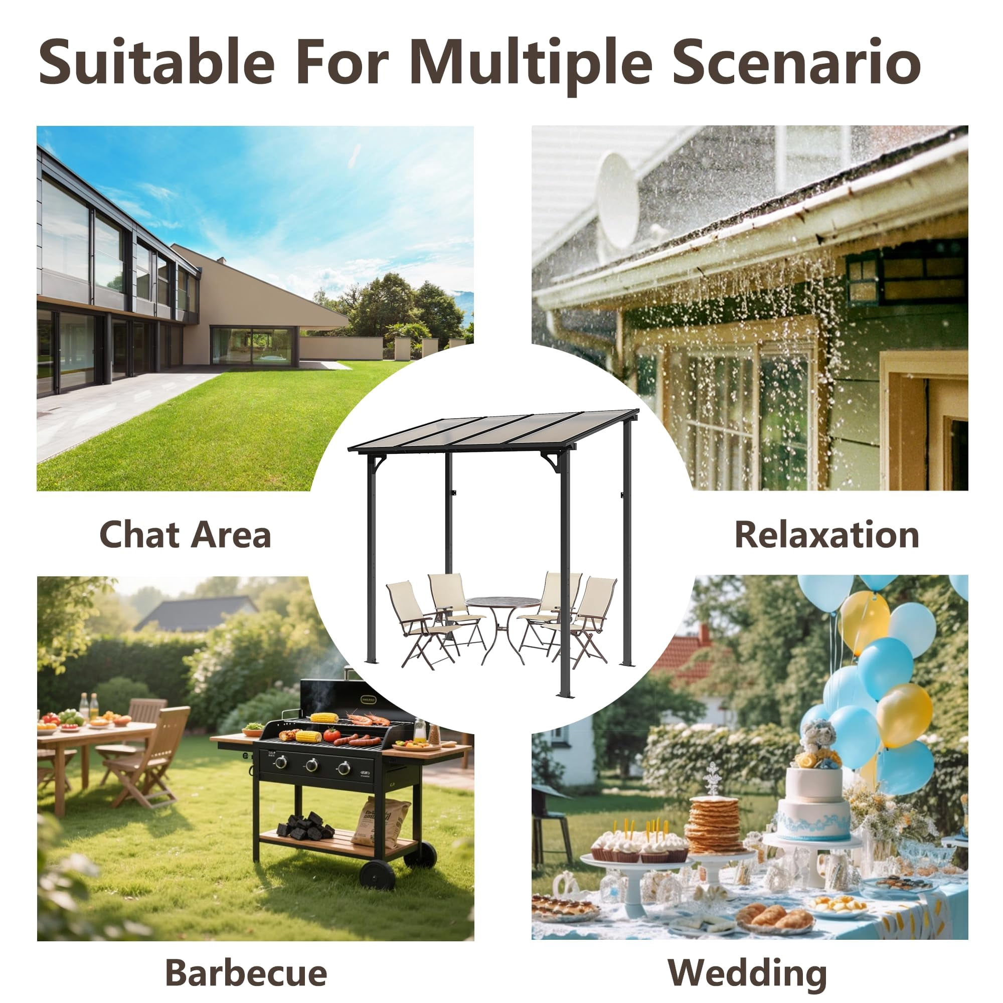ALAULM 5 FT x 8 FT Pergola, Lean to Gazebo with Ground Anchor Sturdy Structure, Outdoor Gazebo with Sloped Roof, Galvanized Steel Metal Pergola, Wall Mounted Gazebo for Backyard Deck Tawny