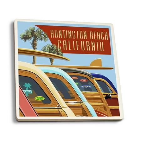 Huntington Beach, California - Woodies Lined Up - Lantern Press Artwork (Set of 4 Ceramic Coasters - Cork-backed, Absorbent)