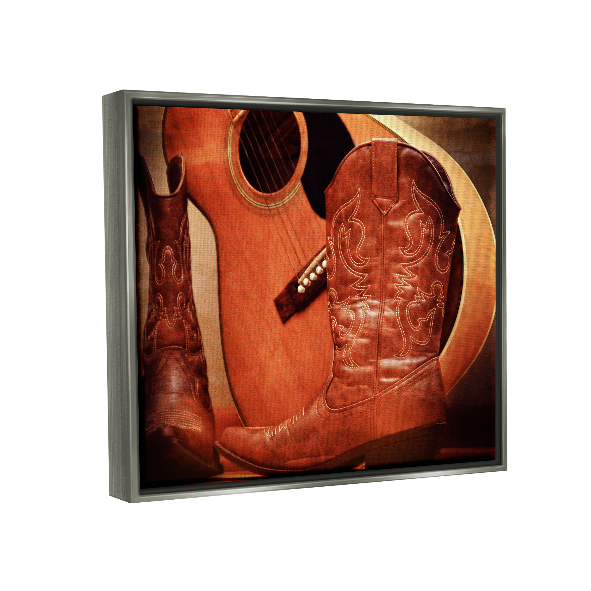 Stupell Industries Guitar & Cowboy Boots Literature & Flim Photography Gray Floater Framed Canvas Art Print Wall Art, 31 x 25