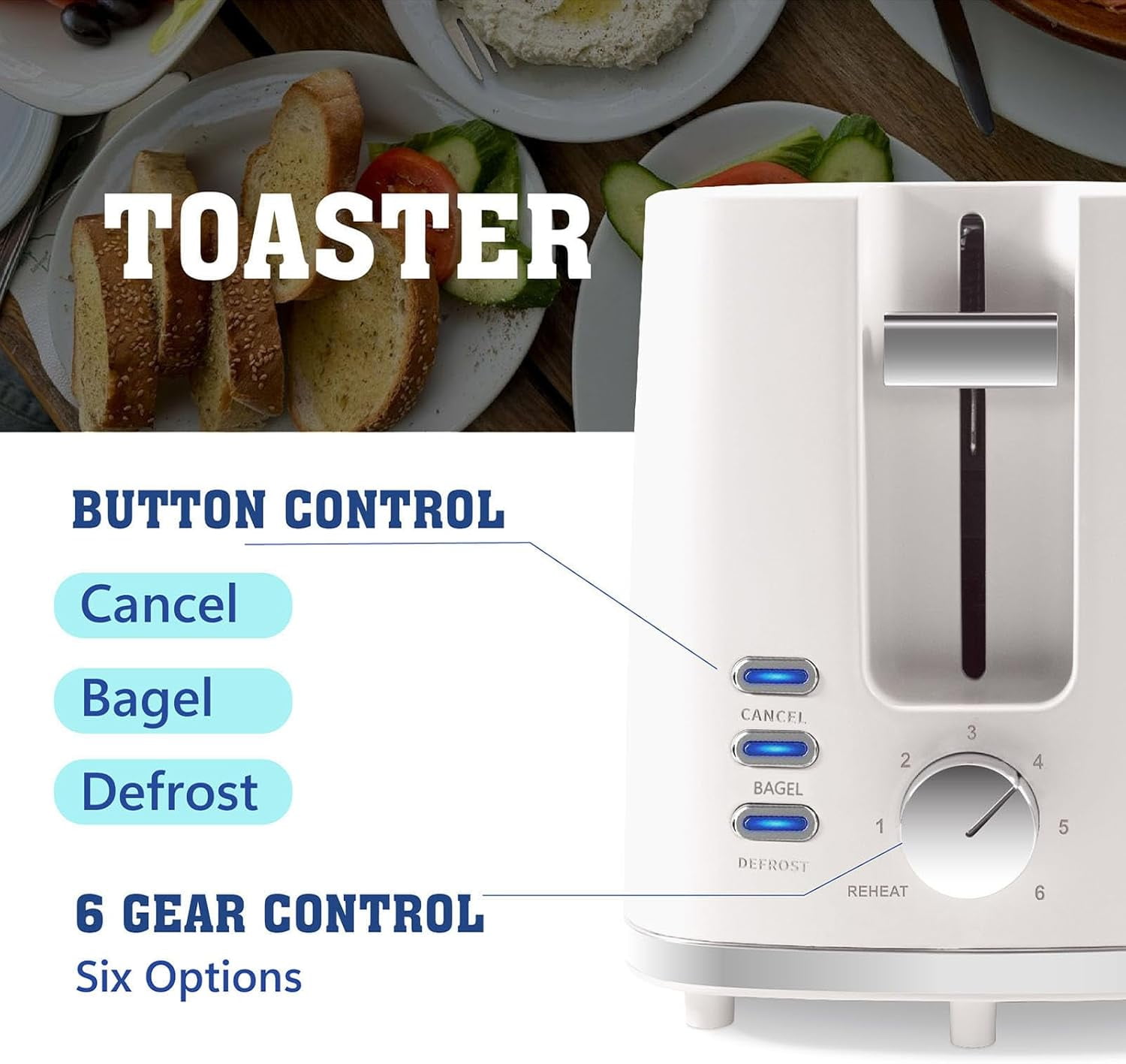 Toaster 2 Slices, Toasters Wide Slot, Bread with Cancel, Bal, Defrost Function, Bal Removable Tray & 6 Temperature Settings, Bei