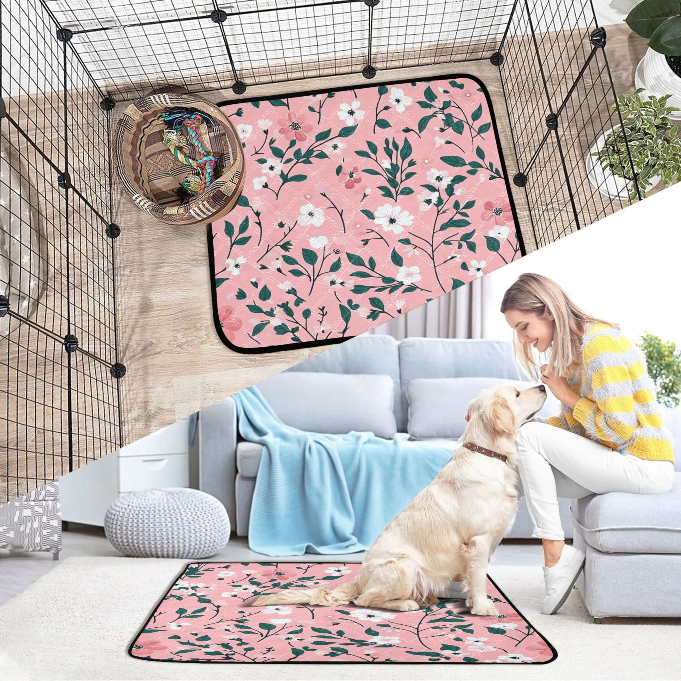Washable Pet Pee Pads with Super Absorbent Reusable Training Pads for Dogs & Cats Pink Floral Pattern