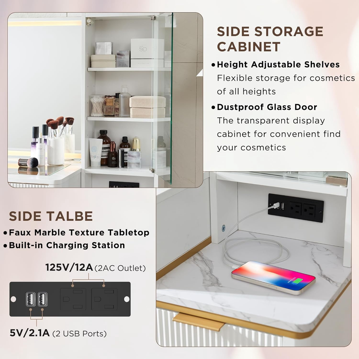 OKD Makeup Vanity Table with Lighted and Mirror, Glass Top Vanity Desk with 5 Drawers & Charging Station for Bedroom,White