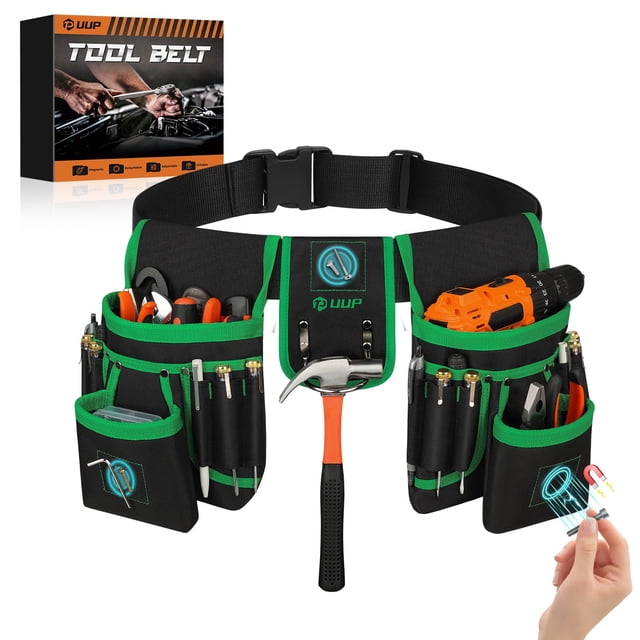 Cinturón de herramientas magnético UUP con 26 bolsillos, resistente, para hombre, color verde