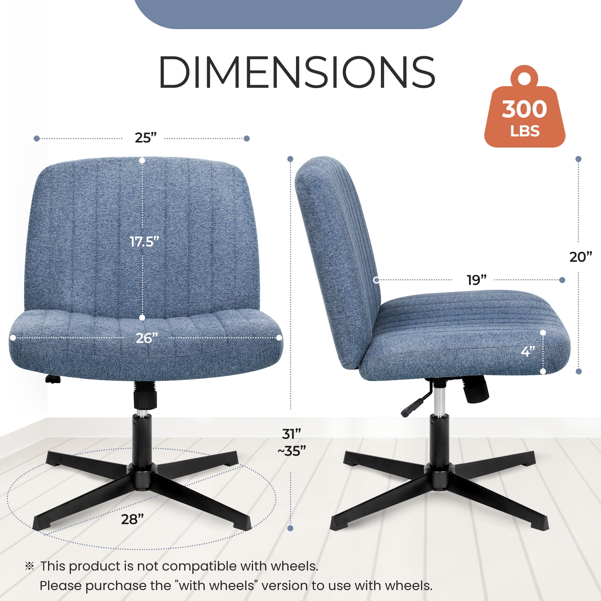 Orange Factory Criss Cross Chair No Wheel Wide Cross Legged Office Desk Vanity Chair Comfy Fabric Armless Adjustable Swivel for Home Computer Task (Blue No Wheel, Classic Fabric)