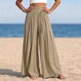 thumbnail image 6 of Women's Cotton Linen High Waist Tie Strap Pleated Wide Leg Pants, Elastic Waist Loose Pocket Resort Trousers, Soft Breathable Summer Bottoms for Travel Daily | TruHer,Khaki XL, 6 of 8