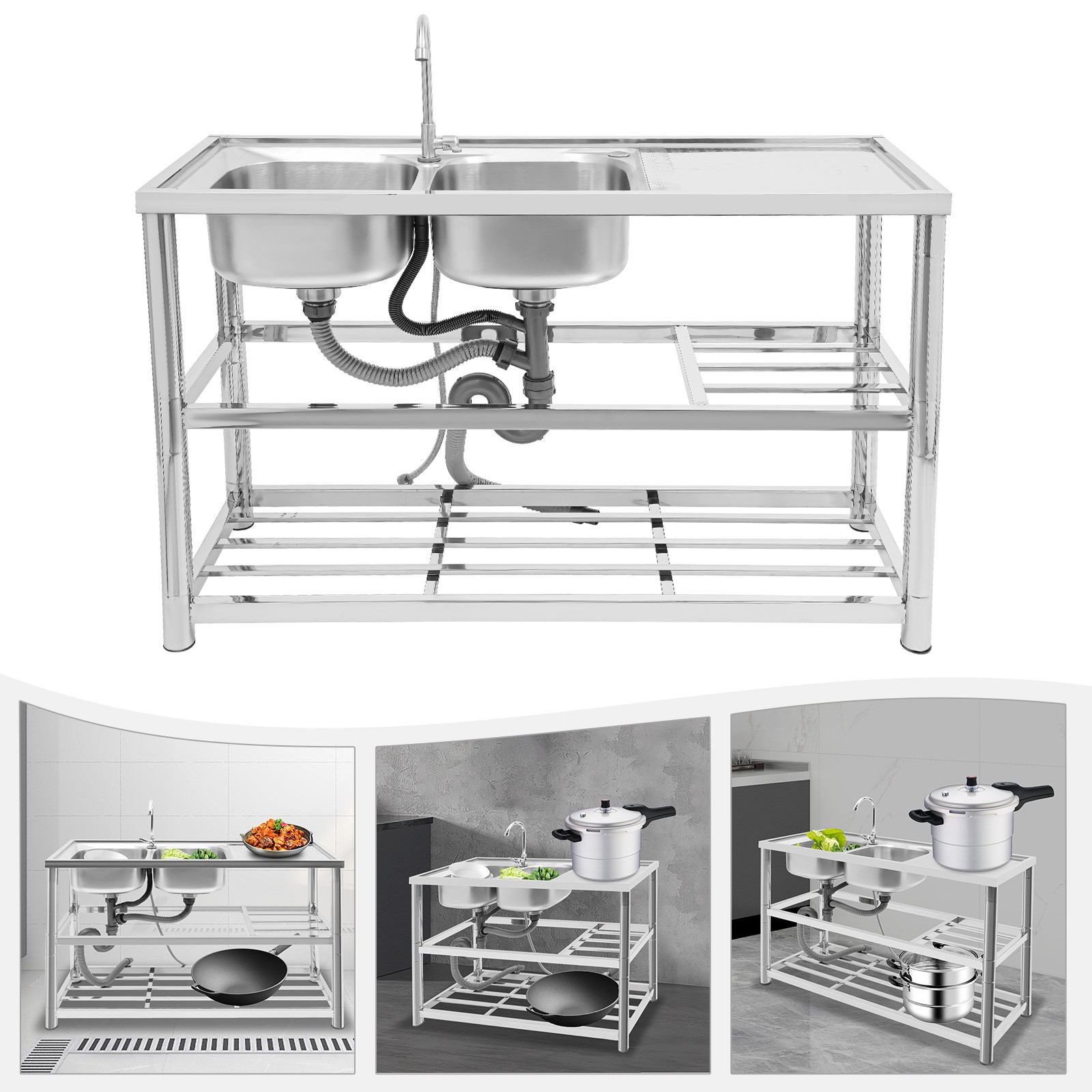 Free Standing Stainless-Steel Double Bowl Commercial Restaurant Kitchen Sink Set w/Faucet & Drainboard