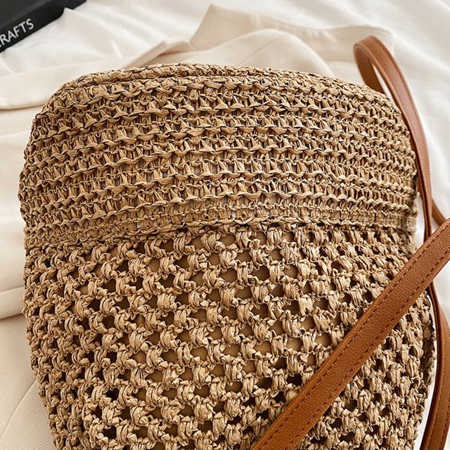 Bolsa de cubo de paja de verano de hombro de mujer de moda con cordón para el trabajo (marrón) Likrtyny Para Estrenar