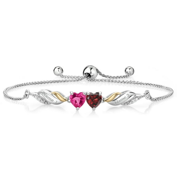 Gem Stone King 1.22 Ct Pink Created Sapphire Red Garnet and Lab Grown Diamond 925 Silver and 10K Yellow Gold Bracelet for Women