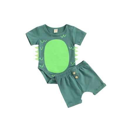 

Multitrust Newborn Boys Two-Piece Outfits Short Sleeve Dinosaur Pattern O-Neck Bodysuit + Elastic Waist Buttons Short Trousers