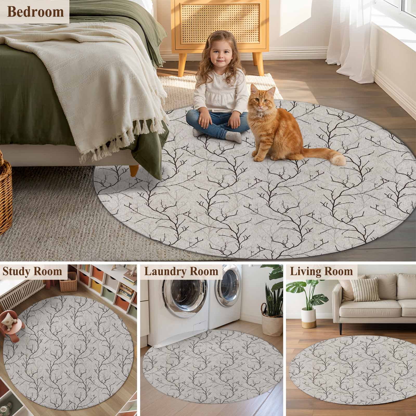 Black Grey Branches Round Area Rug 7Ft Washable Circle Rugs for Dorm Laundry Room, Vintage Art Farmhouse Non-Slip Carpet Floor Mats Indoor Outdoor Carpet Runner Aesthetic Home Decor