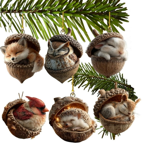 6PCS Forest Animal Acorn Ornaments Cozy Forest Christmas Ornaments, 2025 New Pine Cone Animal Decoration, Woodland Creature Hanging Ornament, Acrylic Hanging Ornament for Home Decor(6PCS)