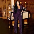 thumbnail image 2 of Sparkly Sequin Wide Leg Jumpsuits for Women Long Sleeve Plus Size V Neck Sexy Elegant One Piece Pants Rompers Belt, 2 of 7
