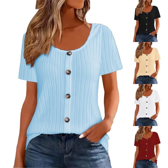 FNFYFH Women's Plus Size Tops Ribbed Knit Button Down Shirts Scoop Neck Short Sleeve Sweater Summer Tee Shirt 2026
