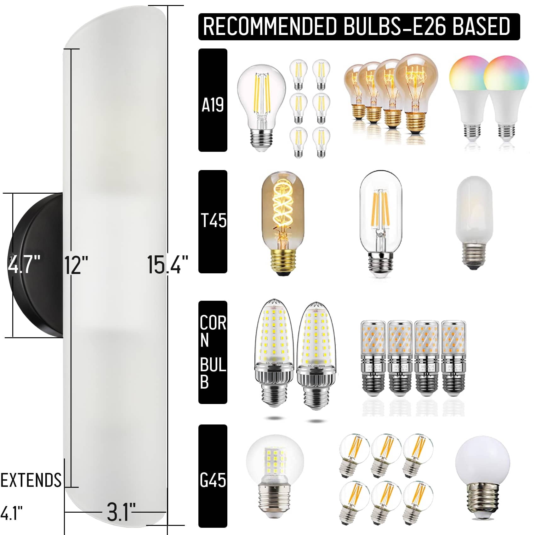 Modern Black Wall Sconces Set of 2 Cylinder Wall Light with Frosted Glass Shade